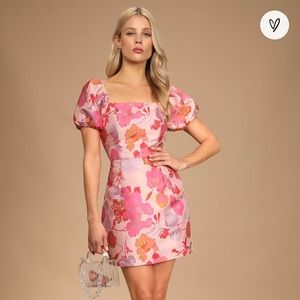 So Stunning Orange Multi Floral Jacquard Puff Sleeve Mini Dress